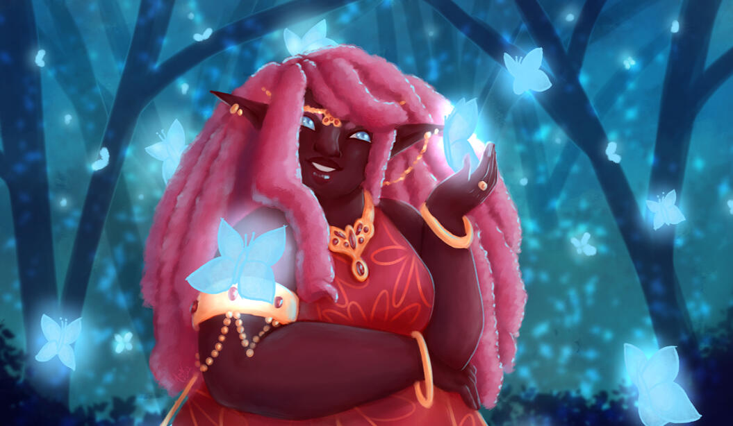 A fat black queen with long curly pink hair, wearing a red dress with golden details and gold jewelry standing in the forest surronded by blue glowing butterflies