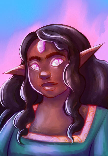 Illustration of a girl with brown skin, brown wavy hair, silver eyes, elf ears and a silver gem on her forehead
