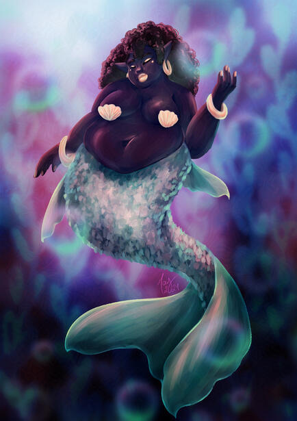 Illustration of a fat black mermaid with curly black hair and a green tail, with golden makeup and accessories
