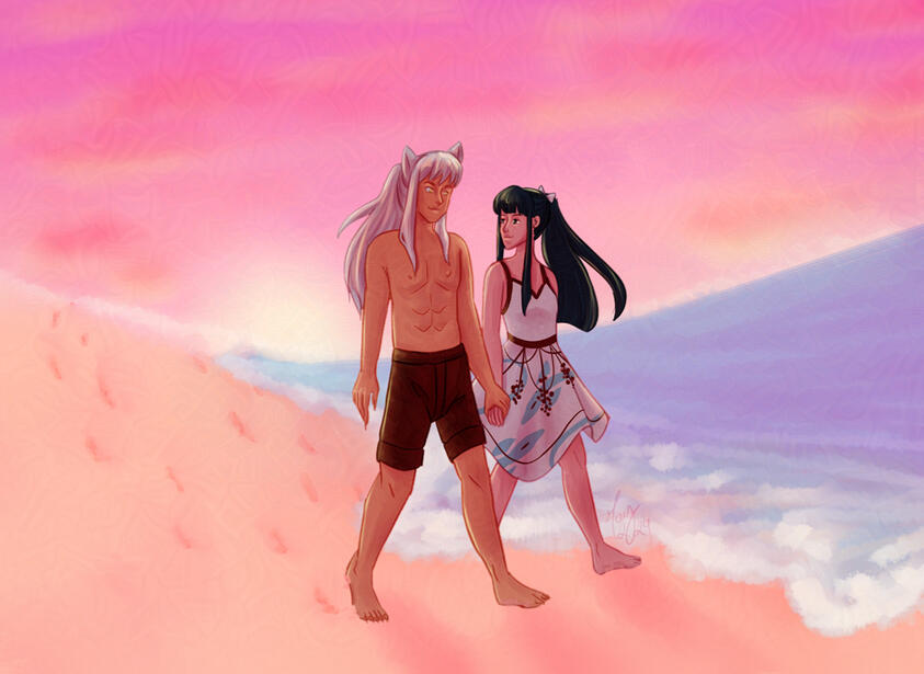 Fanart of Inuyasha and Kikyou in modern clothes walking on the beach at sunset