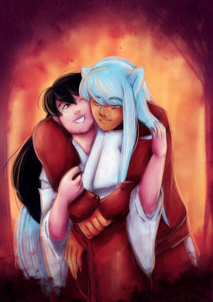 Fanart of Inuyasha hugging Kagome. They are in the forest during sunset.