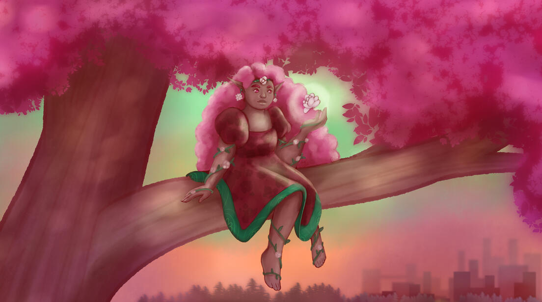 Illustration of a nymph with with long curly pink hair sitting on top a tree with pink leaves