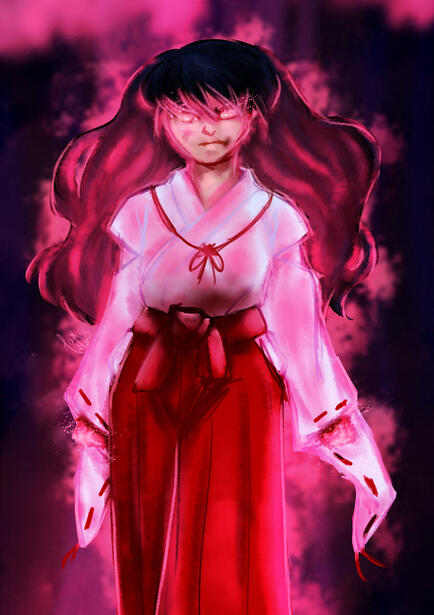 Fanart of Kagome wearing miko robes, with her spiritual powers overflowing